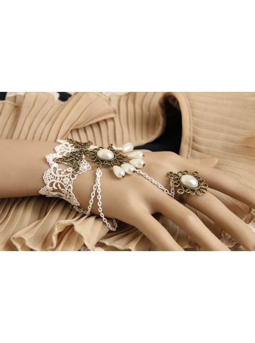 Vintage Baroque White Lace Pearl Bride Palace Prom Ring Bracelet