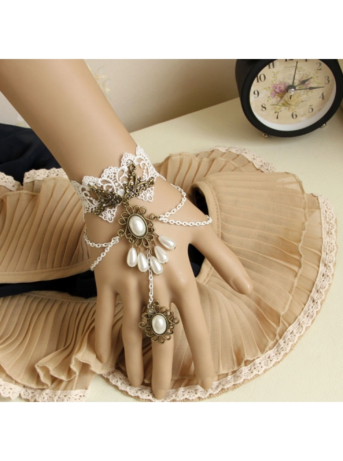 Vintage Baroque White Lace Pearl Bride Palace Prom Ring Bracelet