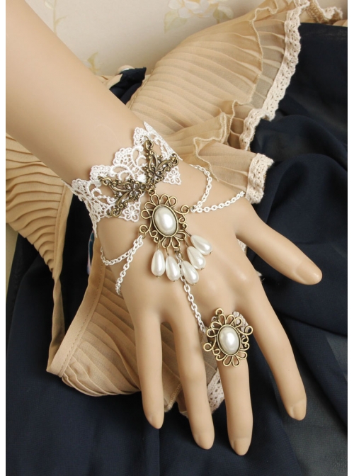 Vintage Baroque White Lace Pearl Bride Palace Prom Ring Bracelet