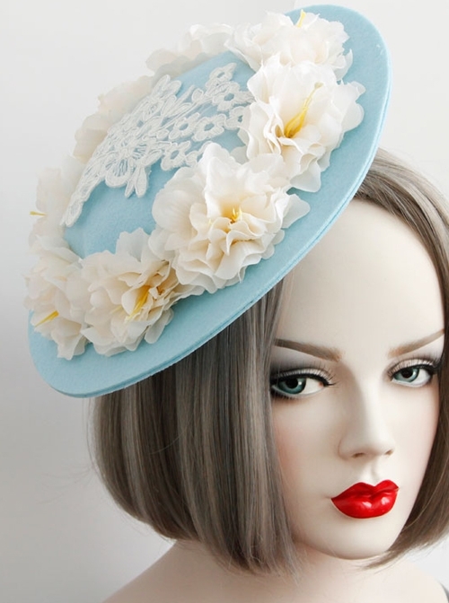 Fashion Tea Party Temperament Bride Bridesmaid White Flowers Lace Blue Top Hat Hairpin