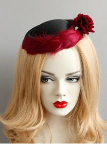 Sexy Red Rose Feather Banquet Stage Jockey Fashion Party Black Gothic Top Hat