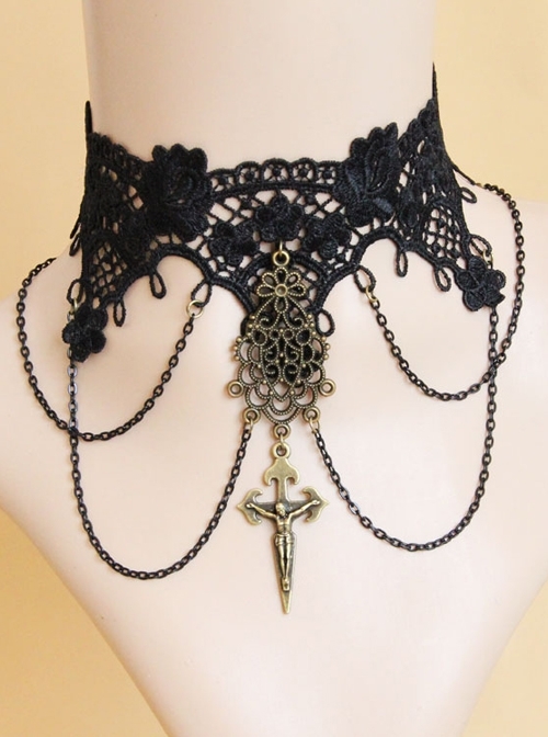 Gothic Retro Exaggerated Cross Black Lace Flower Choker
