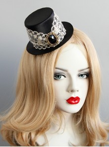 Fashion Prom Retro Gothic White Lace Black Gems Top Hat