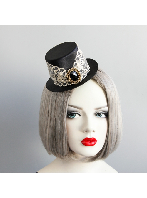 Fashion Prom Retro Gothic White Lace Black Gems Top Hat