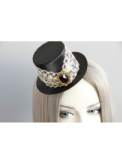 Fashion Prom Retro Gothic White Lace Black Gems Top Hat