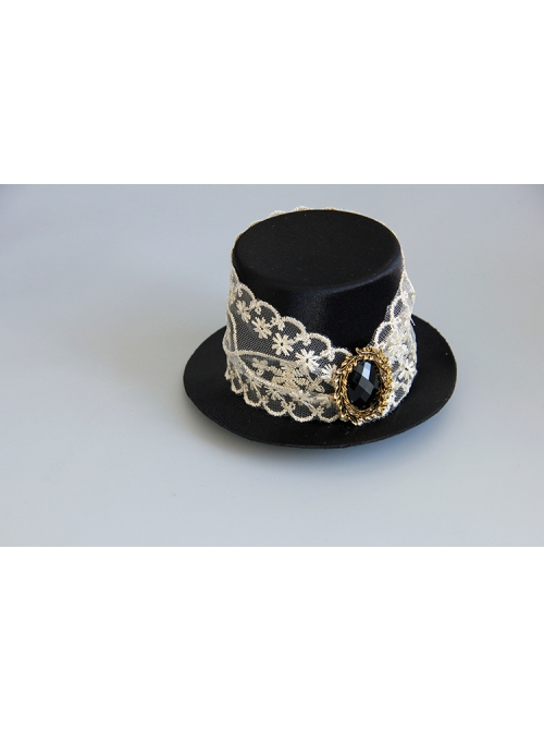 Fashion Prom Retro Gothic White Lace Black Gems Top Hat