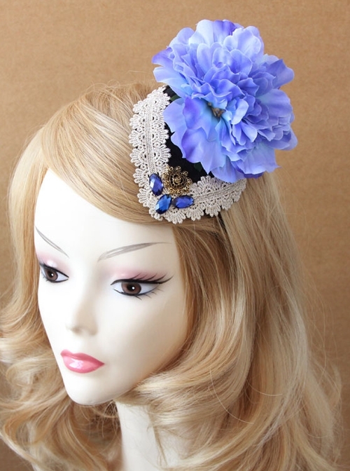 Stage Performance Dress Banquet Retro Blue Flowers White Lace Female Top Hat Hairpin