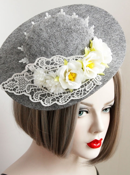 Fashion Leisure Elegant Lace Flower Grey Performance Banquet Top Hat