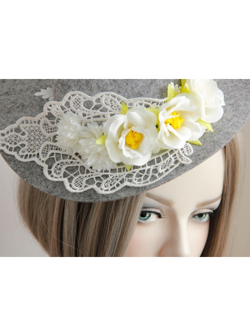 Fashion Leisure Elegant Lace Flower Grey Performance Banquet Top Hat