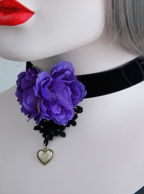 Gothic Flower Love Black Velvet Rope Purple Flower Retro Simple Short Necklace