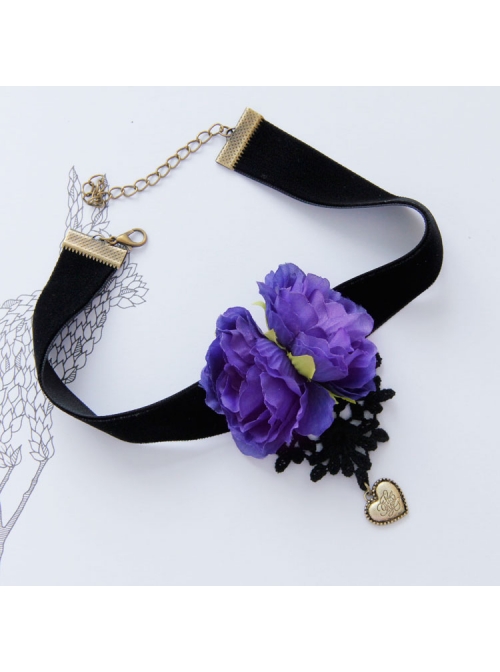 Gothic Flower Love Black Velvet Rope Purple Flower Retro Simple Short Necklace
