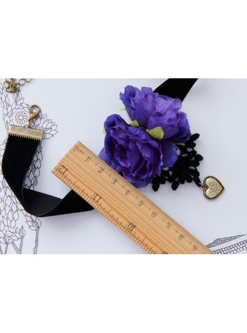 Gothic Flower Love Black Velvet Rope Purple Flower Retro Simple Short Necklace