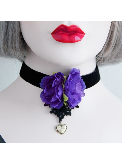 Gothic Flower Love Black Velvet Rope Purple Flower Retro Simple Short Necklace