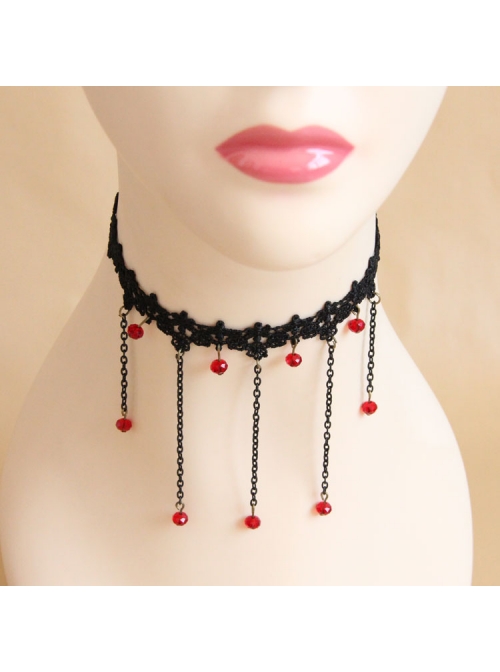 Gothic Personality Exaggerated Tassel Fashion Black Lace Ruby Choker