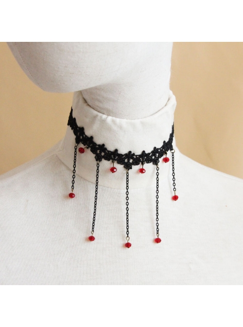 Gothic Personality Exaggerated Tassel Fashion Black Lace Ruby Choker