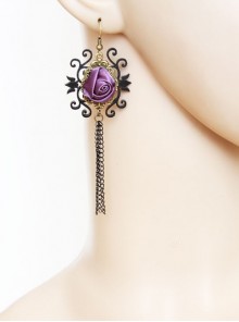 Gothic Rose Flower Purple Rose Black Tassel Long Vintage Creative Handmade Earrings
