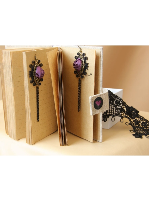 Gothic Rose Flower Purple Rose Black Tassel Long Vintage Creative Handmade Earrings