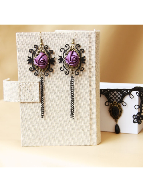 Gothic Rose Flower Purple Rose Black Tassel Long Vintage Creative Handmade Earrings