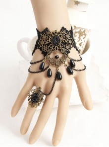 Black Lace Fashion Gothic Female Pearl Gemstone Retro Band Ring Bracelet