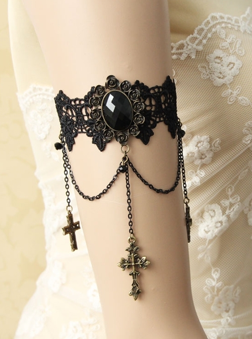 Gothic Black Lace Retro Cross Gemstone Armband Bracelet