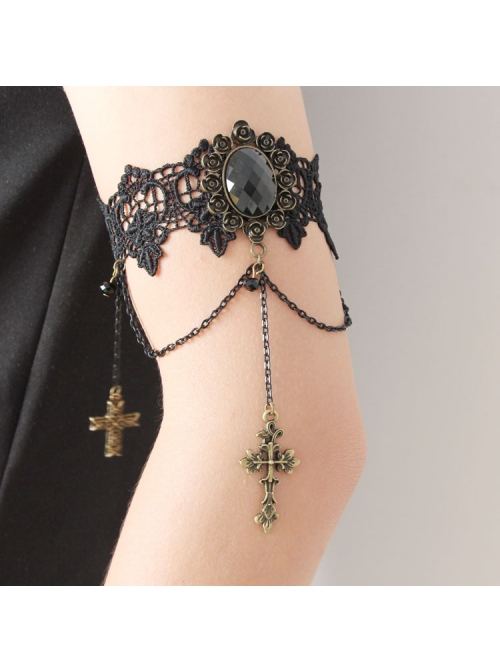 Gothic Black Lace Retro Cross Gemstone Armband Bracelet