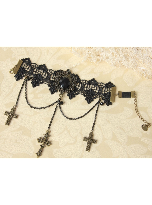 Gothic Black Lace Retro Cross Gemstone Armband Bracelet