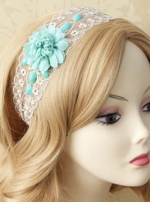 Fashion White Lace Blue Flowers Holiday Travel Christmas Headband