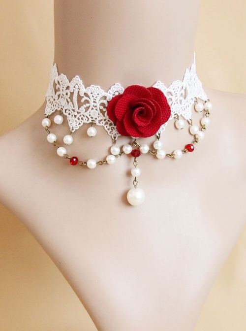 Fashion Baroque Bride Dress Red Rose White Pearl Lace Female Choker