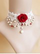 Fashion Baroque Bride Dress Red Rose White Pearl Lace Female Choker