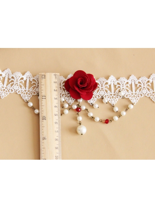 Fashion Baroque Bride Dress Red Rose White Pearl Lace Female Choker