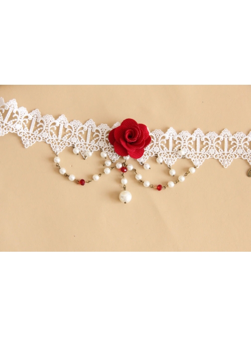 Fashion Baroque Bride Dress Red Rose White Pearl Lace Female Choker