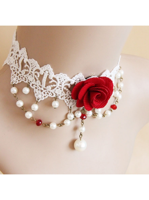 Fashion Baroque Bride Dress Red Rose White Pearl Lace Female Choker