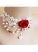 Fashion Baroque Bride Dress Red Rose White Pearl Lace Female Choker