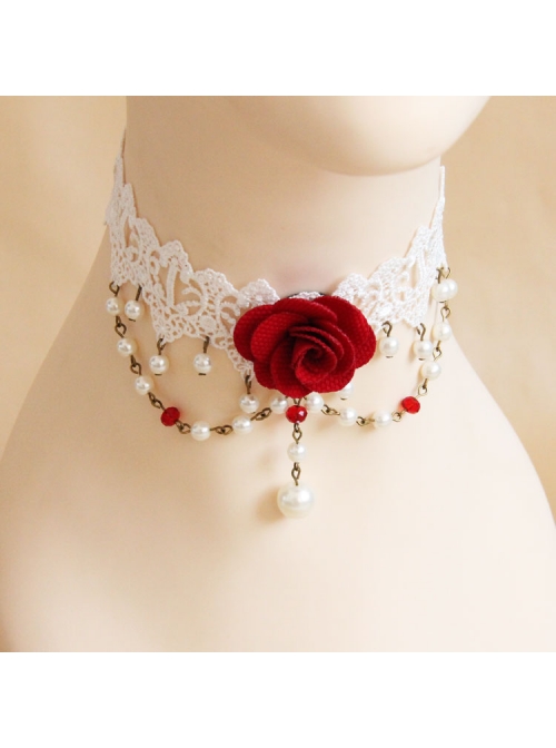 Fashion Baroque Bride Dress Red Rose White Pearl Lace Female Choker