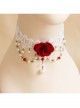 Fashion Baroque Bride Dress Red Rose White Pearl Lace Female Choker