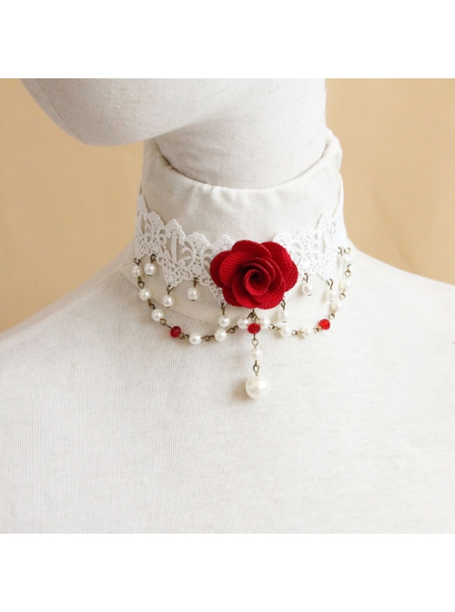 Fashion Baroque Bride Dress Red Rose White Pearl Lace Female Choker