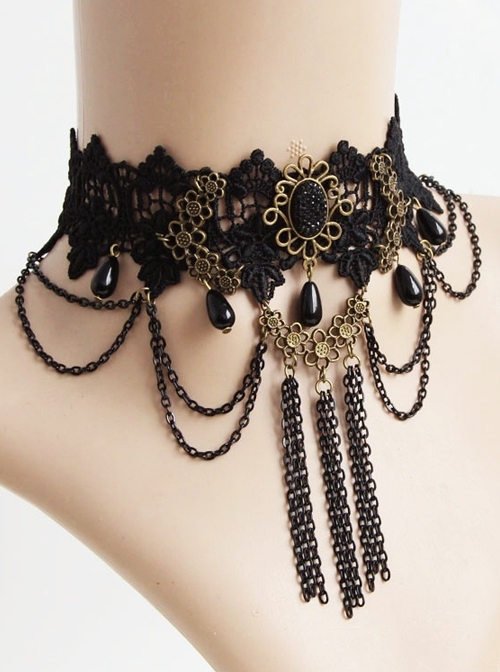 Gothic Retro Prom Fringe Female Black Lace Pearl Choker