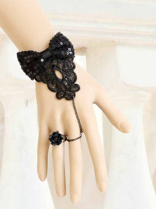 Gothic Vampire Retro Black Lace Rose Bow Bracelet Ring Set