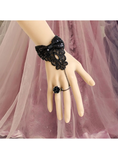 Gothic Vampire Retro Black Lace Rose Bow Bracelet Ring Set