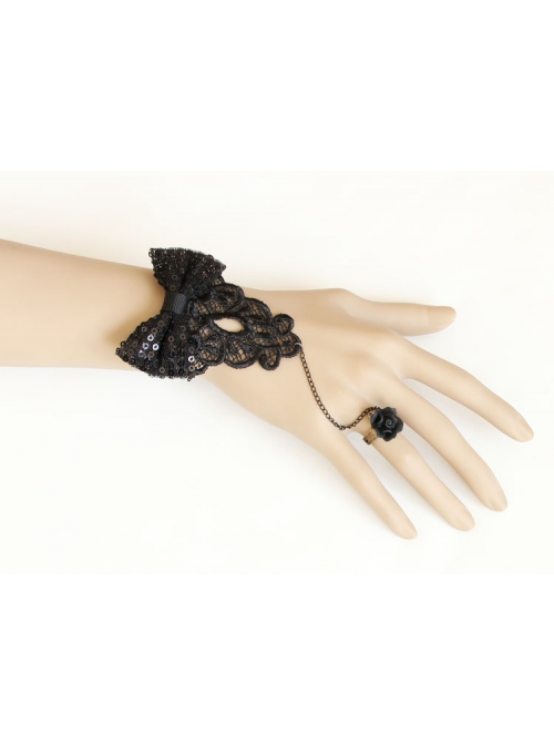 Gothic Vampire Retro Black Lace Rose Bow Bracelet Ring Set