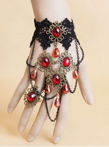 Gothic Bride Wedding Retro Festive Black Lace Ruby Bracelet With Ring One Chain