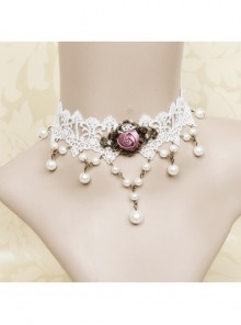 Baroque Retro Pink Rose Faux Pearl Fashion Bride White Lace Female Short Necklace