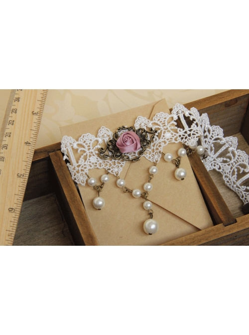 Baroque Retro Pink Rose Faux Pearl Fashion Bride White Lace Female Short Necklace