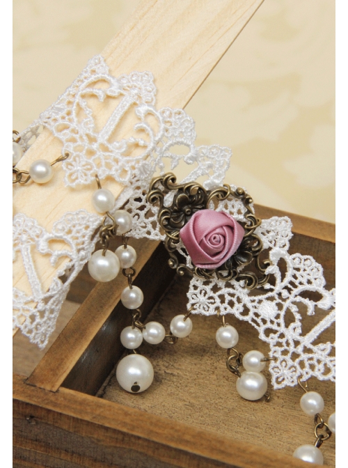 Baroque Retro Pink Rose Faux Pearl Fashion Bride White Lace Female Short Necklace