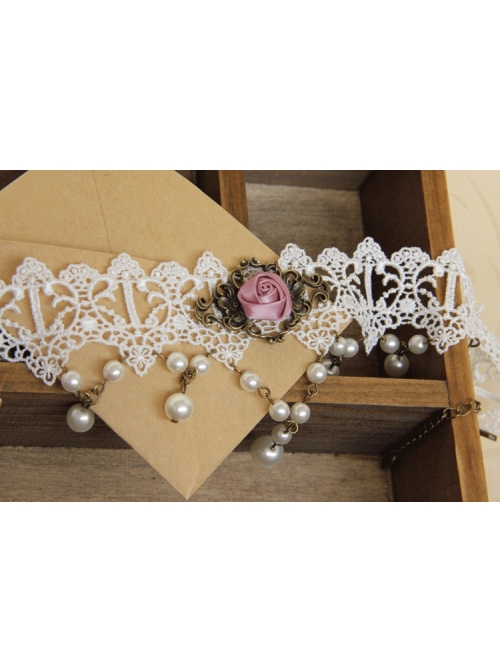 Baroque Retro Pink Rose Faux Pearl Fashion Bride White Lace Female Short Necklace