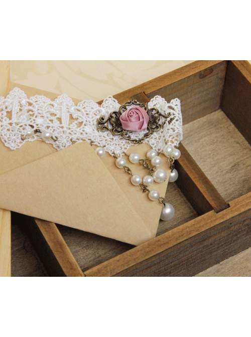 Baroque Retro Pink Rose Faux Pearl Fashion Bride White Lace Female Short Necklace