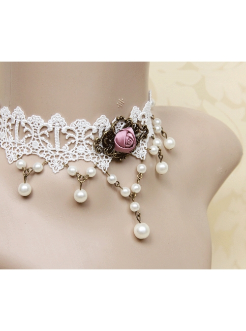 Baroque Retro Pink Rose Faux Pearl Fashion Bride White Lace Female Short Necklace