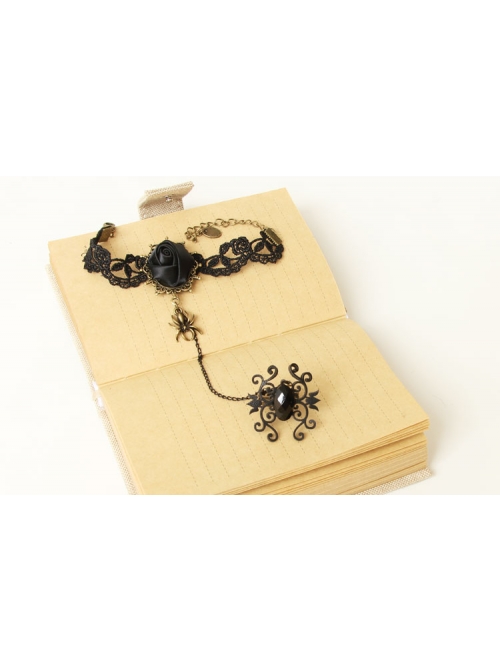 Halloween Black Lace Roses Gems Gothic Masquerade Ring Bracelet