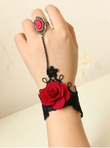Gothic Palace Ball Red Rose Ruby Retro Black Lace Bracelet With Ring Wristband One Chain