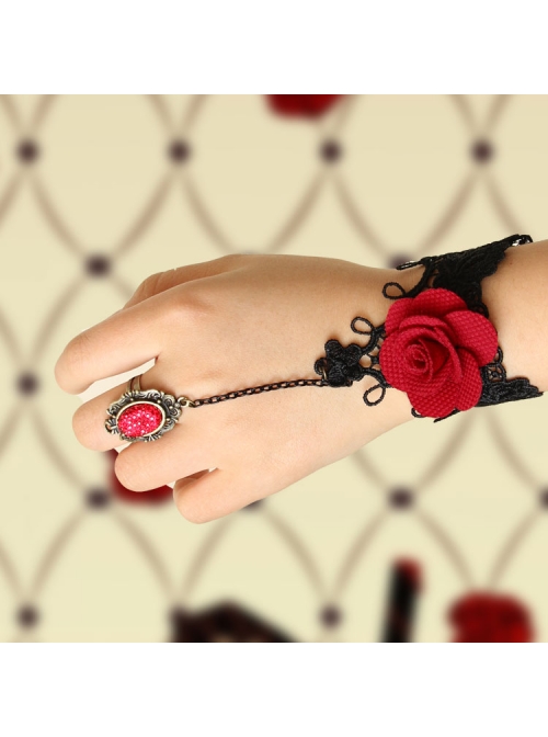Gothic Palace Ball Red Rose Ruby Retro Black Lace Bracelet With Ring Wristband One Chain